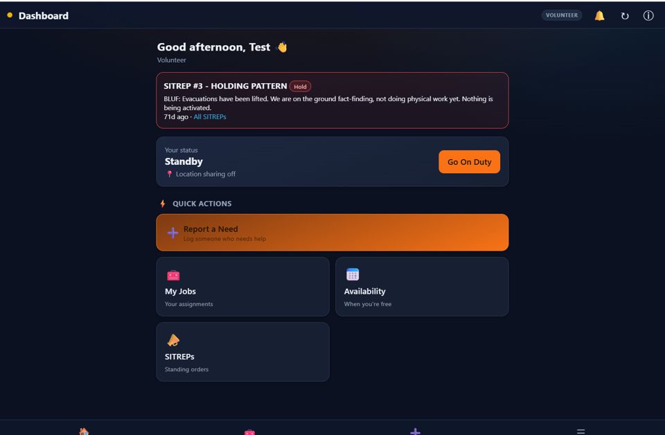 PNW Relief volunteer dashboard with SITREP banner, on-duty status and quick actions